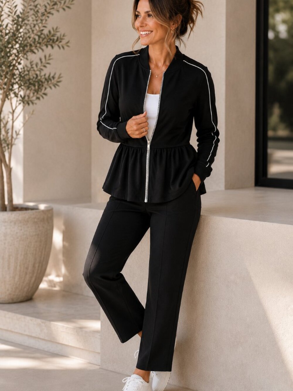 Boston Proper Boston Proper Medium Black Peplum Zip Jacket Contrast Piping - Picture 2 of 8